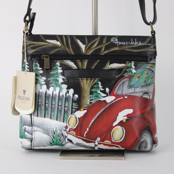 Anuschka Purse 11 x 9x3 Multi Color Red Bug Holiday Painted Leather Purse - Picture 5 of 12